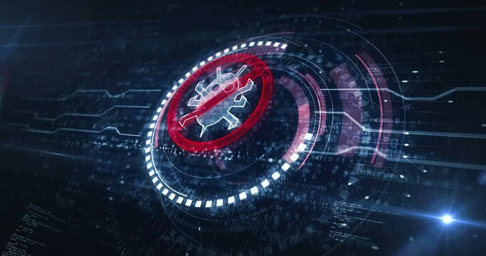 Antivirus cyber security virus detect system alert symbol digital concept. Network, cyber technology and computer background abstract 3d animation. Seamless and loopable.