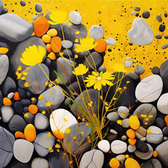 Mustard flowers, pebbles, modern, vibrant background AI Generated