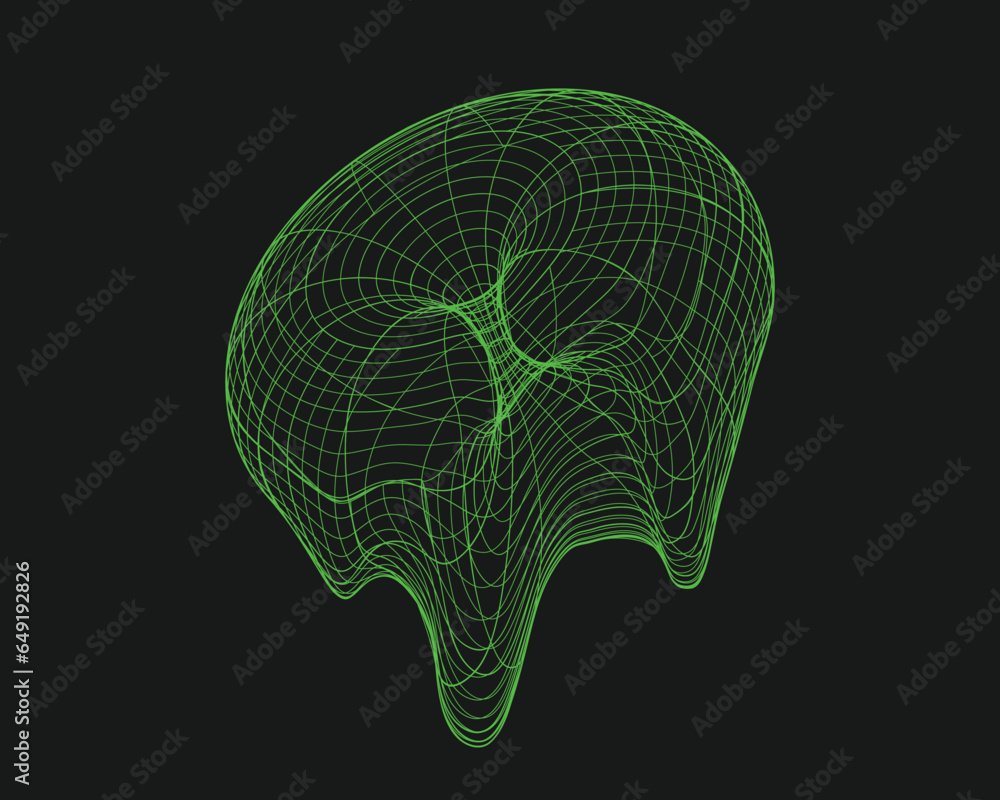 Poster cyber distorted shape, retro punk design element. wireframe wave geometry shape on black background.