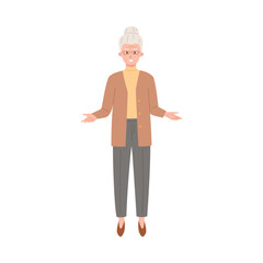 Elderly woman character explains or presents, flat vector illustration isolated.