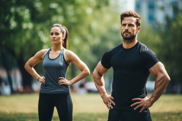 Healthy, fit and motivated couple stretching, warming up or training together in green park with bokeh background. athletic man and woman preparing for endurance workout - Generative AI