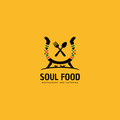 soul food kitchen and catering business logo template of ethnic african american cultural food and restaurant logo with hot pot and african pattern decoration