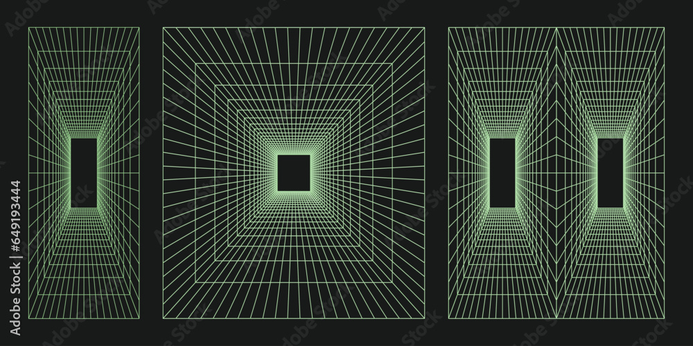Fototapete Cyber grid set, retro punk perspective rectangular tunnel. Mesh tunnel geometry on black background. Trendy psychedelic vector elements for design