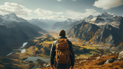 Man with backpack standing on the top of mountain and enjoying the view. Travel concept. Achieving your dreams - Generative AI