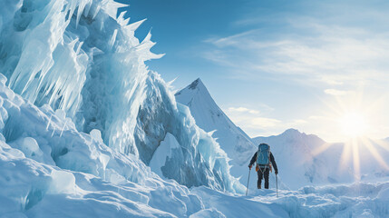 A lone mountaineer scaling a steep, icy cliff face against the backdrop of a towering glacier
