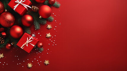 Merry Christmas. Modern christmas flat lay. red background - Generative AI