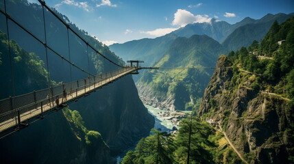 A suspension bridge spanning a deep mountain gorge, offering a thrilling view of the churning river below