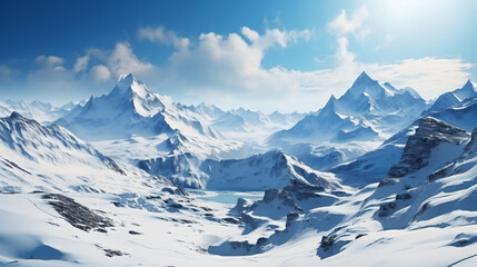 Fototapeta na wymiar Panoramic view of snowy mountains in the clouds. Winter landscape - Generative AI