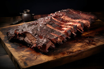 Roasted or grilled Texas style BBQ ribs on a wooden tray, close up view.generative ai
