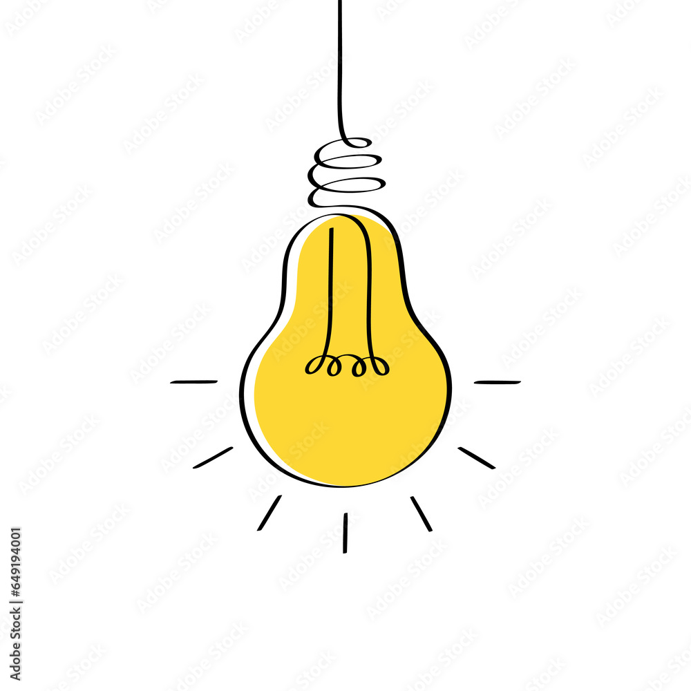 Poster continuous smooth line drawing of light bulb with rays. linear light bulb drawn by hand. concept of 