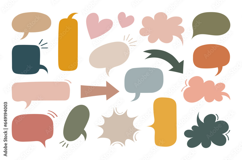 Poster super set different shape colorful bubbles, hearts and arrows drawn by hand. collection of speech bu