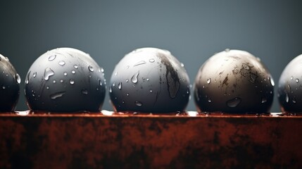 Steel ball bearings with water droplets, rusty iron corrosion, isolated minimal background, smooth round spheres, minimalism industrial abstract - generative AI