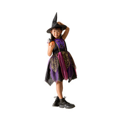 Cute asian girl Wear witch clothes costume Halloween concept, Holding pumpkin Standing posing full...