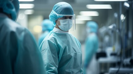 Fototapeta na wymiar Rear view of a surgeon wearing a sterile gown or surgical gown while walking in the operating room.,Surgeon or doctor wearing protective clothing walking towards operating room in hospital.