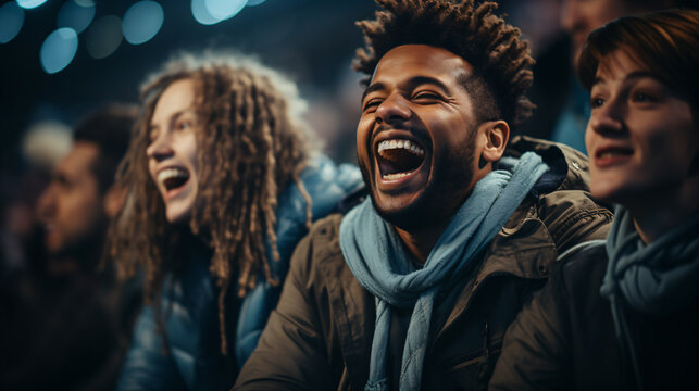 Realistic scene of 3 friends in stadium cheering happily - Generative AI