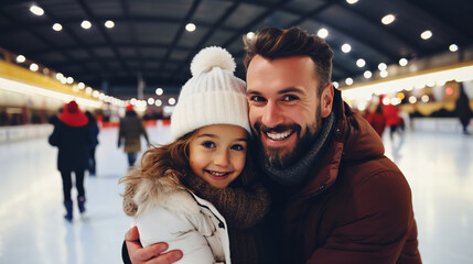 Fototapeta premium Smiling family at ice skating rink - Generative AI