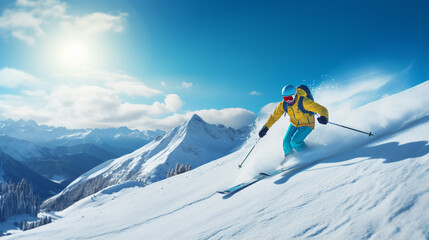 Skier on piste running downhill in beautiful Alpine landscape. Blue sky on background - Generative AI