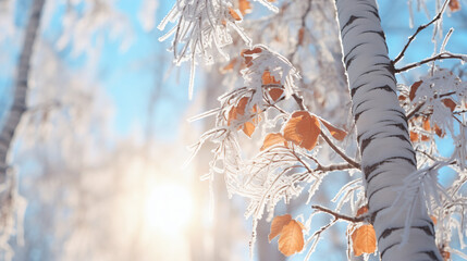 Snow and frost covered birch tree branches against winter forest back light by the low angle sun - Generative AI - obrazy, fototapety, plakaty