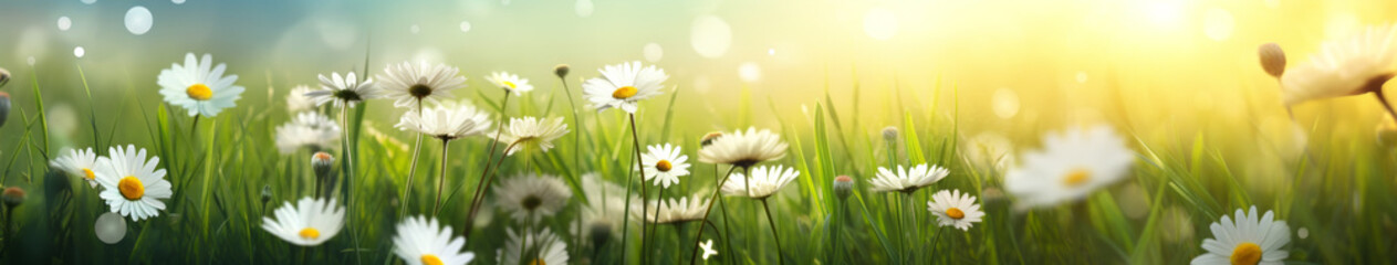 Long banner with chamomile flowers and grass.generative ai
 - obrazy, fototapety, plakaty