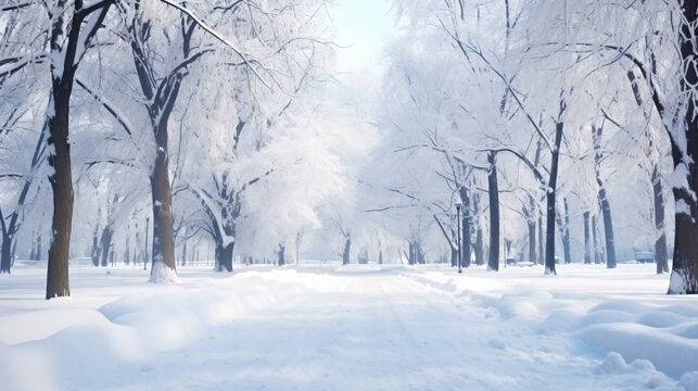 Snowstorm in park, winter landscape - Generative AI