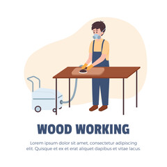 Furniture production, manufacturing, vector factory worker polishes furniture pieces with appliance, Wood working poster