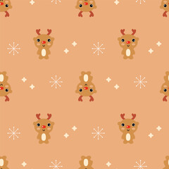 New year cartoon seamless pattern with deers and stars. Merry Christmas print for tee, paper, textile and fabric. Cute vector illustration for decor and design.