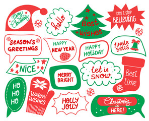 Christmas stickers set. Winter festive quotes. Cute holiday badges, lettering, doodle quotes, stickers.    Vector illustration.