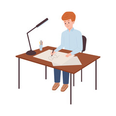 Smiling young boy drawing chair flat style, vector illustration