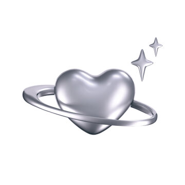 3d chrome heart icon like galaxy planet with stars in y2k style isolated on white background. Render of 3d silver heart emoji with glossy gradient effect. 3d vector y2k illustration.