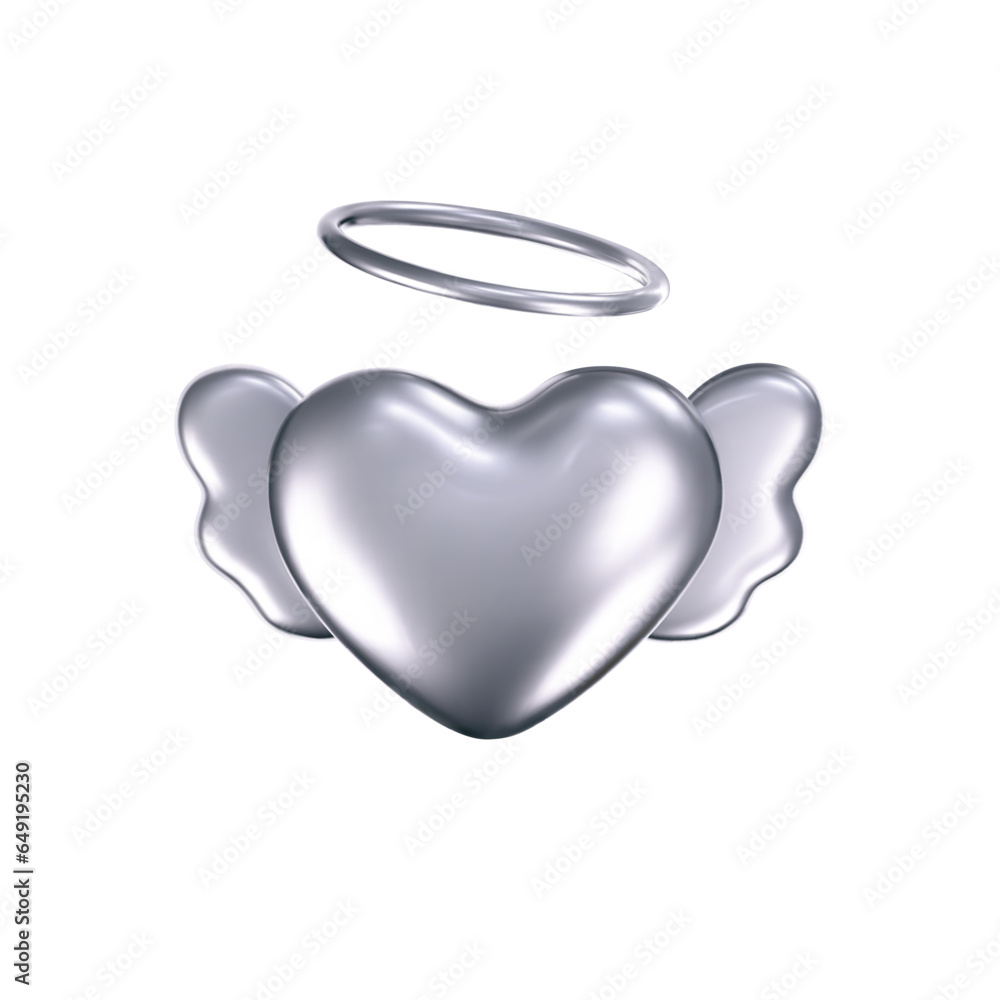 Wall mural 3d chrome heart icon with angel wings in y2k style isolated on a white background. render of 3d silv