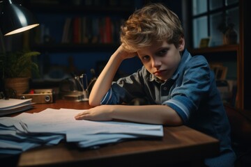 sad schoolboy boy does not want to do his homework. school time and school year