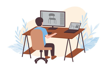 Designer make furniture design, vector man in studio with computer and laptop constructs models for furniture production