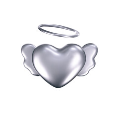 3d chrome heart icon with angel wings in y2k style isolated on a white background. Render of 3d silver love heart emoji with glossy gradient effect. 3d vector y2k illustration.