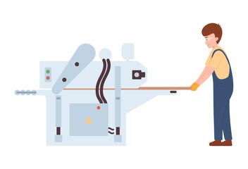 Furniture production vector illustration, worker in uniform cutting furniture pieces with automatic furniture machine