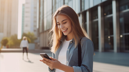 Fototapeta na wymiar Smiling student girl texting on mobile phone outdoor - Generative AI