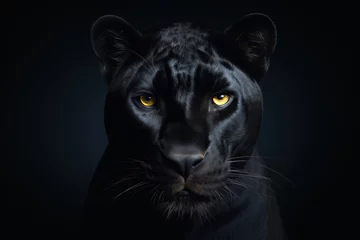 Tragetasche Beautiful black panter with yellow eyes on a dark background, close-up front view.generative ai  © Ivan