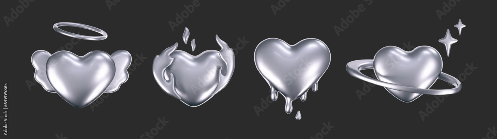 Wall mural 3d chrome hearts in y2k style isolated on dark background. render of 3d silver hearts with galaxy pl