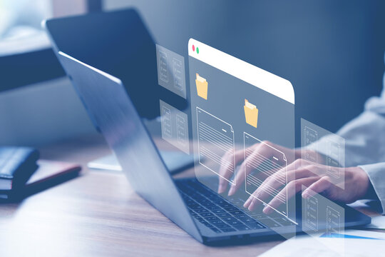 Business document icon. Business people using laptop computer to store documents and search for information. Document transferring concept. searching and managing files.