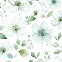 Seamless floral pattern with white anemones and green leaves. Vector illustration. Floral background.