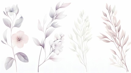 Set of watercolor flowers and leaves on a white background. Vector illustration. Floral background.
