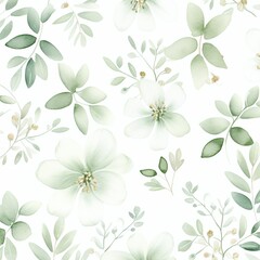 Delicate and minimalist green floral background with subtle leaves, seamless pattern texture. Botanical art.
