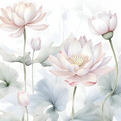 Beautiful lotus flowers in watercolor style, vector illustration. Lotus seamless pattern, green leaves. Floral card.