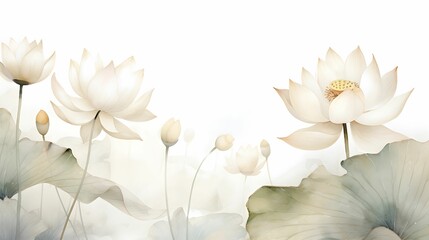 Delicate and minimalist white lotus flowers with subtle leaves, on white background, seamless pattern texture. Floral background.