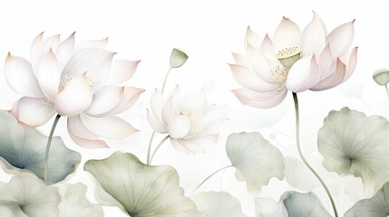 Obraz na płótnie Canvas Beautiful lotuses with green leaves on watercolor background. Vector illustration. Template design for textiles, interior, wallpaper.
