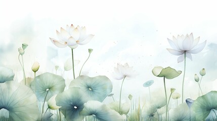White lotus with green leaves on watercolor background. Vector illustration. Template design for textiles, interior, wallpaper.