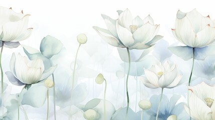 White lotus with green leaves on watercolor background. Vector illustration. Template design for textiles, interior, wallpaper.