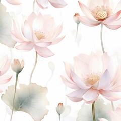 Seamless pattern with lotus flowers. Watercolor illustration. Template design for textiles, interior, clothes, wallpaper. Botanical art.