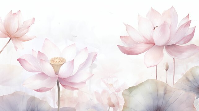 Watercolor background with lotus flowers. Lotus seamless pattern, green leaves. Floral card.