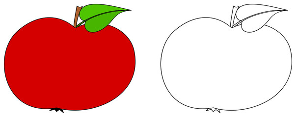 Apple colorful and line icon. Coloring book page for children. Fruit colored and outline illustration.