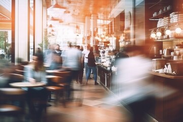 Image with motion blur of guests and customers walking in hipster bakery cafe or coffee shop...